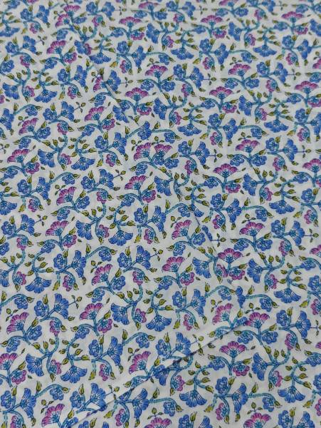Floral Block Print Cotton Fabric (Blue & Pink)