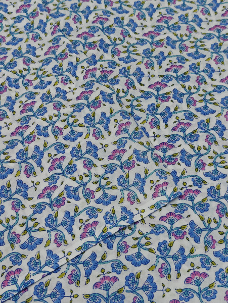 Floral Block Print Cotton Fabric (Blue & Pink)