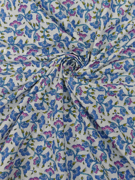 Floral Block Print Cotton Fabric (Blue & Pink)