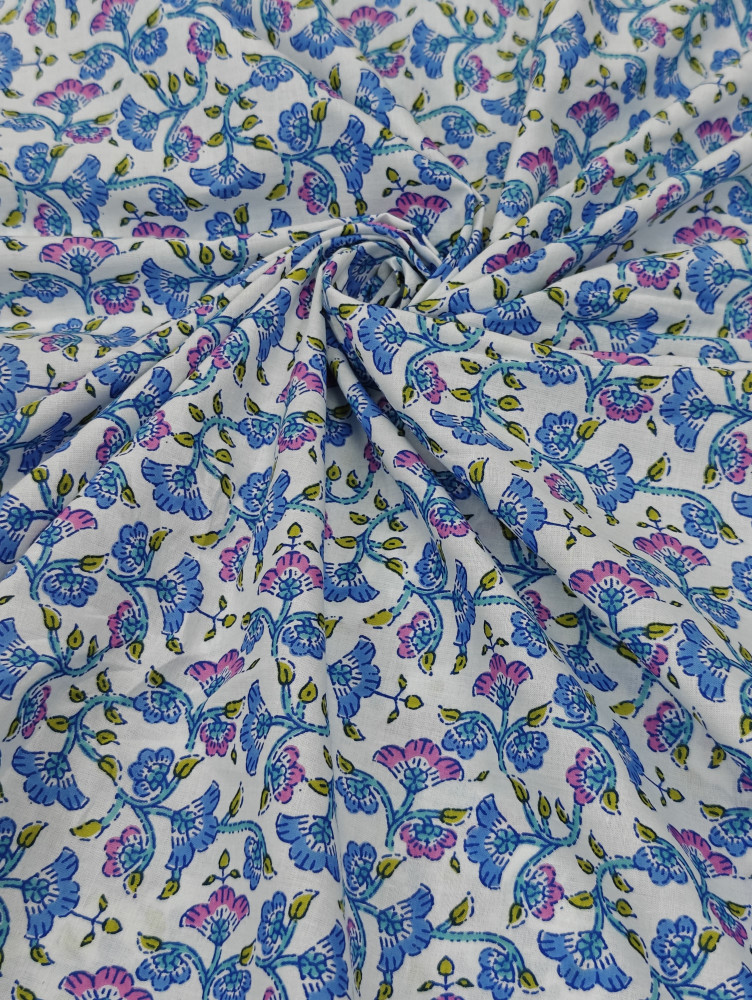 Image of Floral Block Print Cotton Fabric (Blue &amp; Pink)