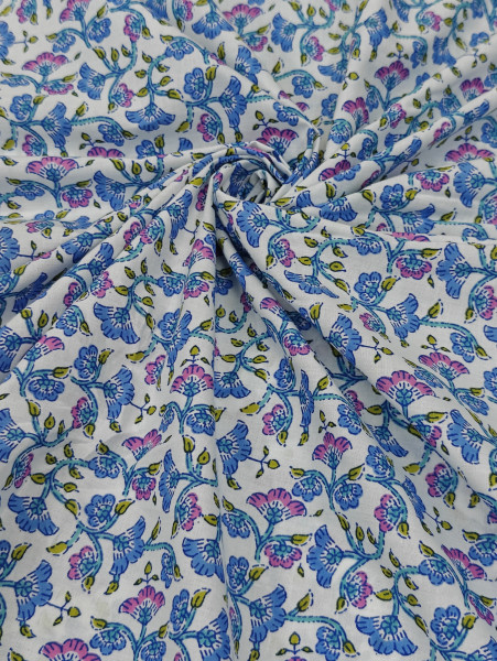 Image of Floral Block Print Cotton Fabric (Blue &amp; Pink)