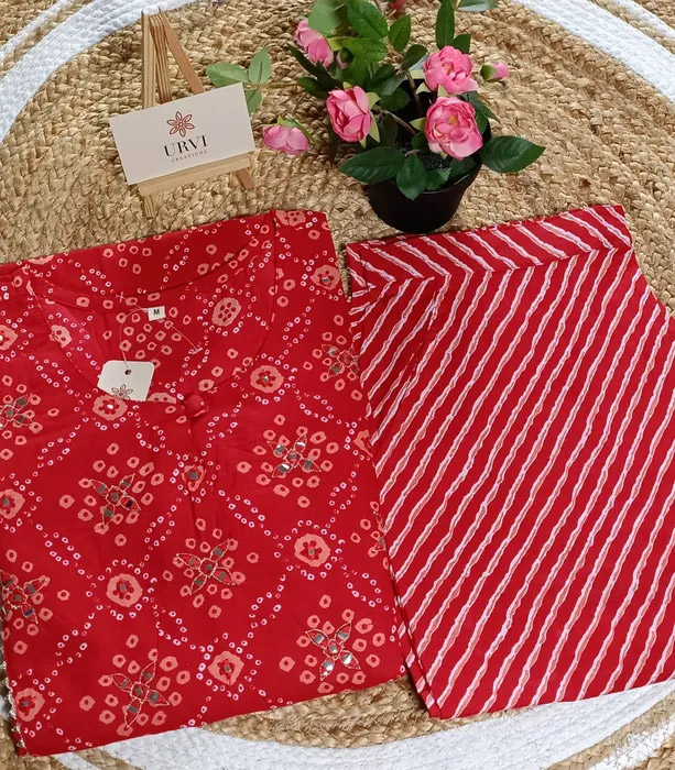 Cotton Red Bandhej Suit Set
