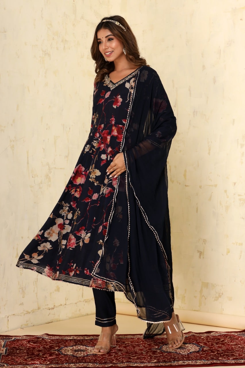 Black muslin Anarkali floral suit set