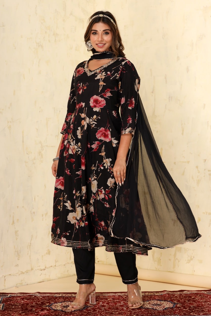 Black muslin Anarkali floral suit set