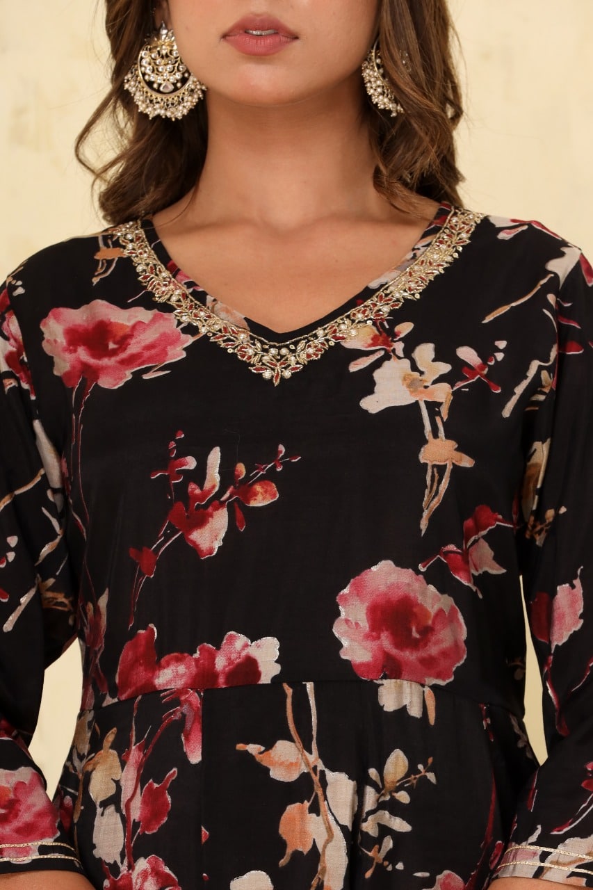Black muslin Anarkali floral suit set