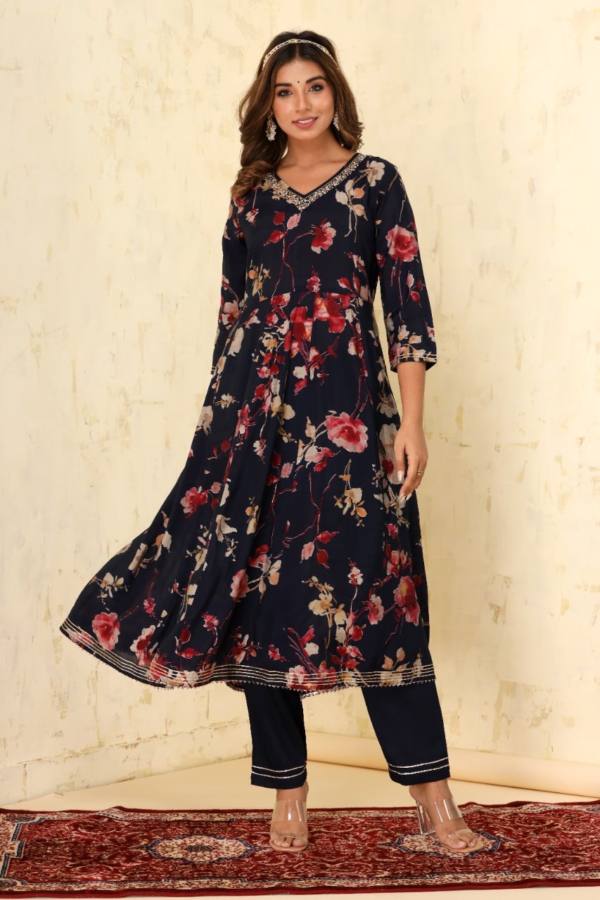 Black muslin Anarkali floral suit set