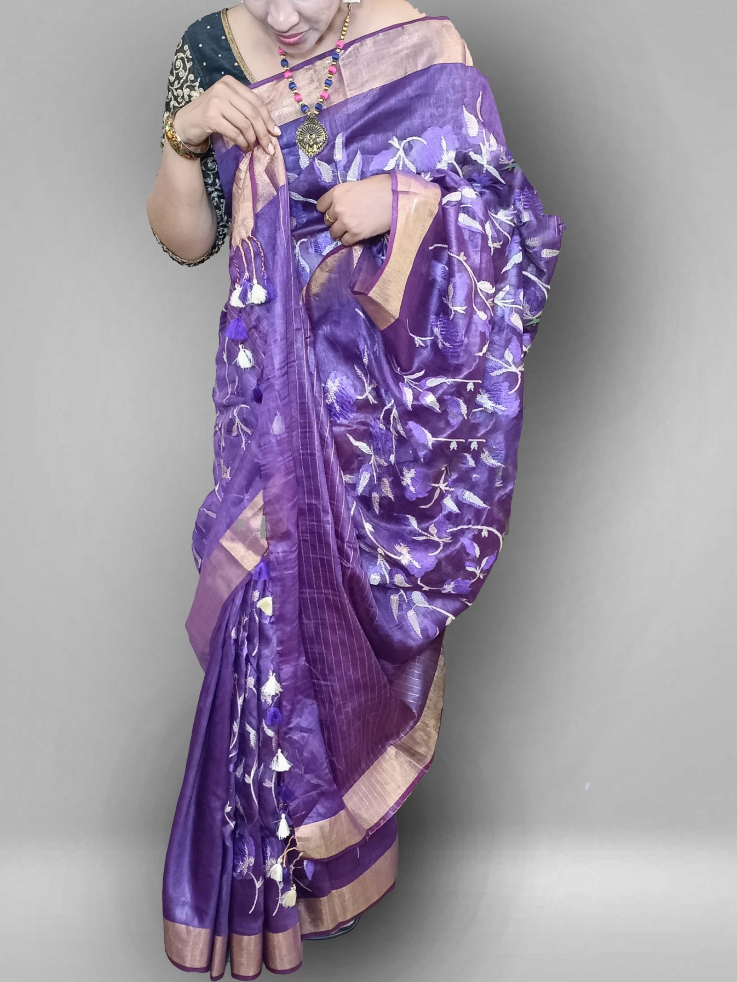 Embroidery mulberry linen tussar silk saree