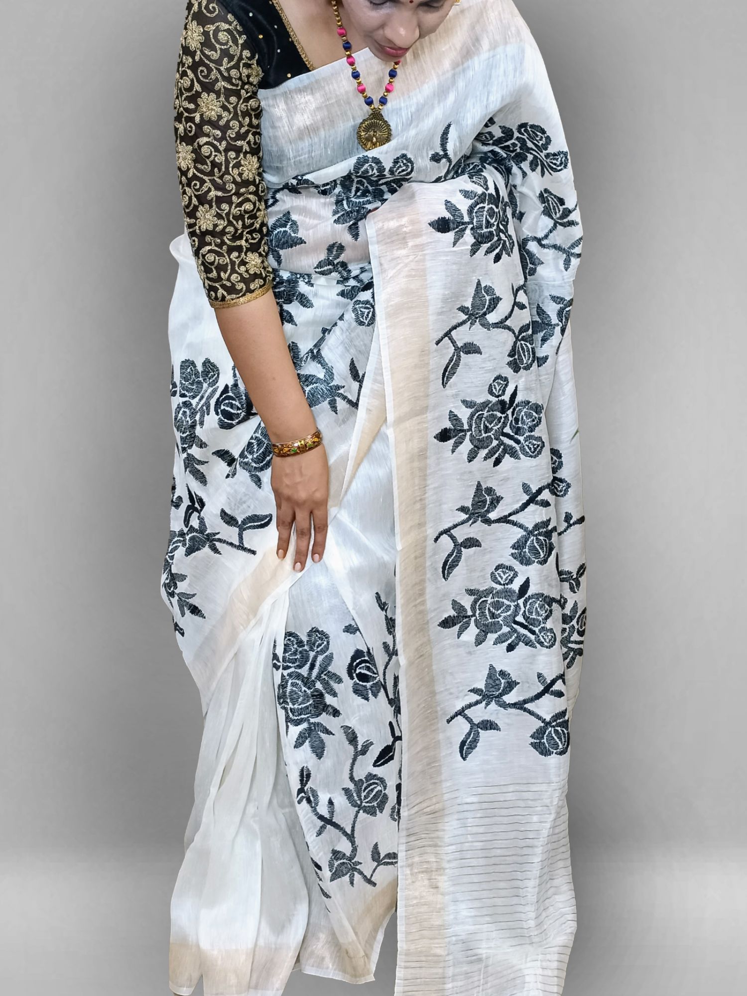 Embroidery mulberry linen tussar silk saree