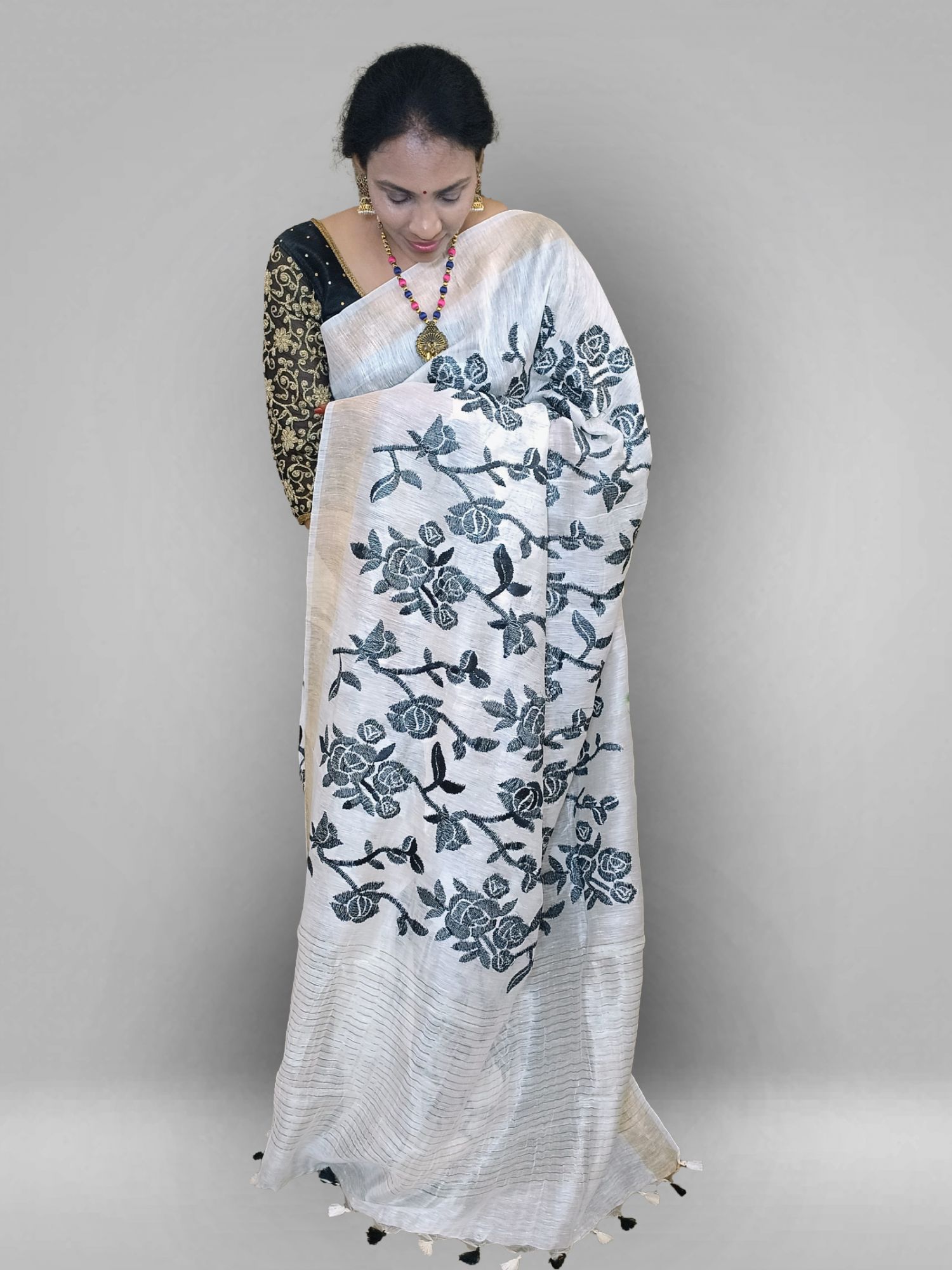 Embroidery mulberry linen tussar silk saree