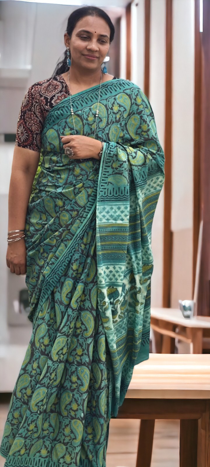 Hand Block Print Vanaspati Ajrakh Mul Cotton Saree