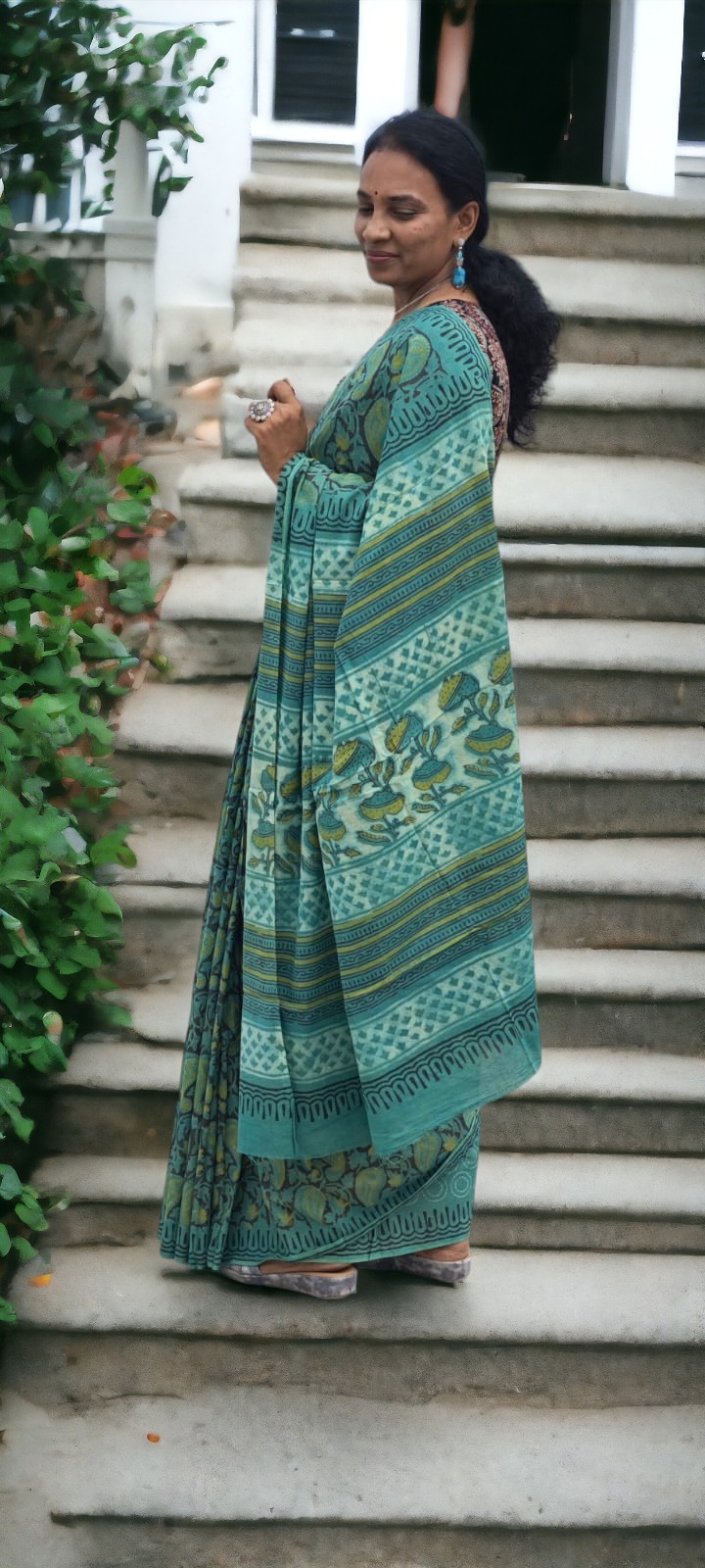 Hand Block Print Vanaspati Ajrakh Mul Cotton Saree