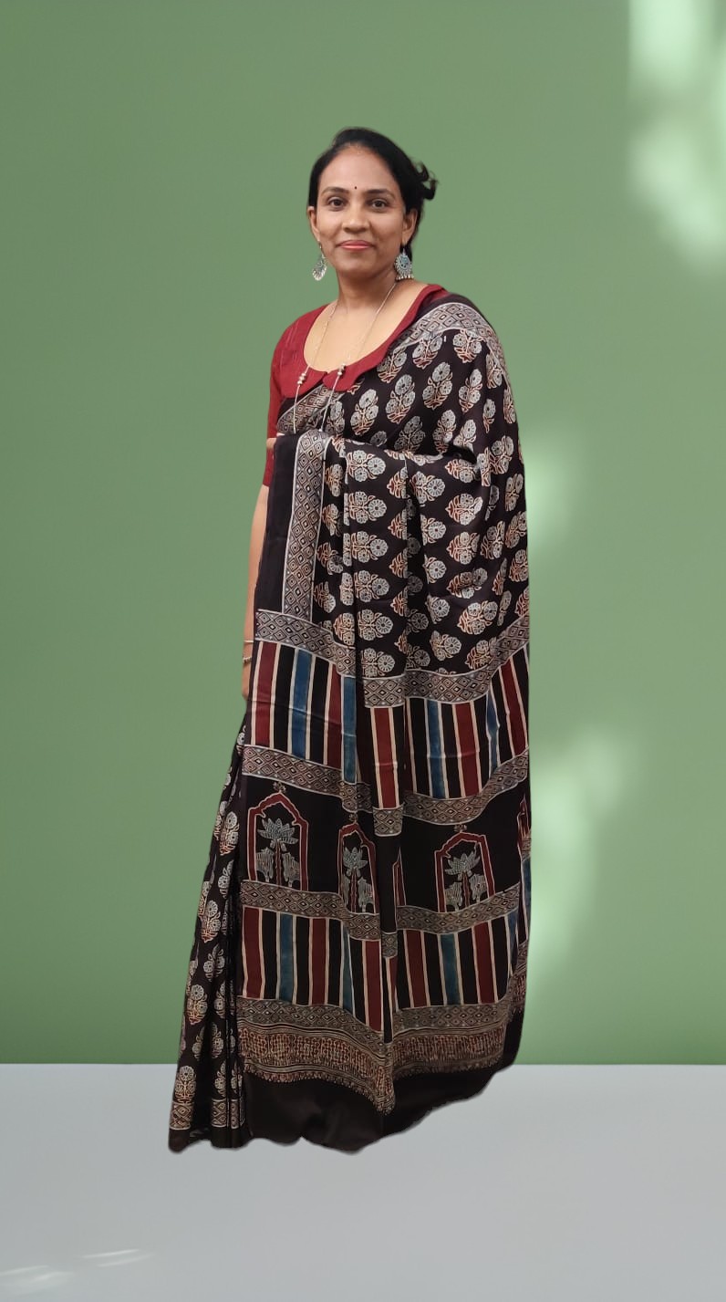 Ajrakh Handblock Printed modal silk saree
