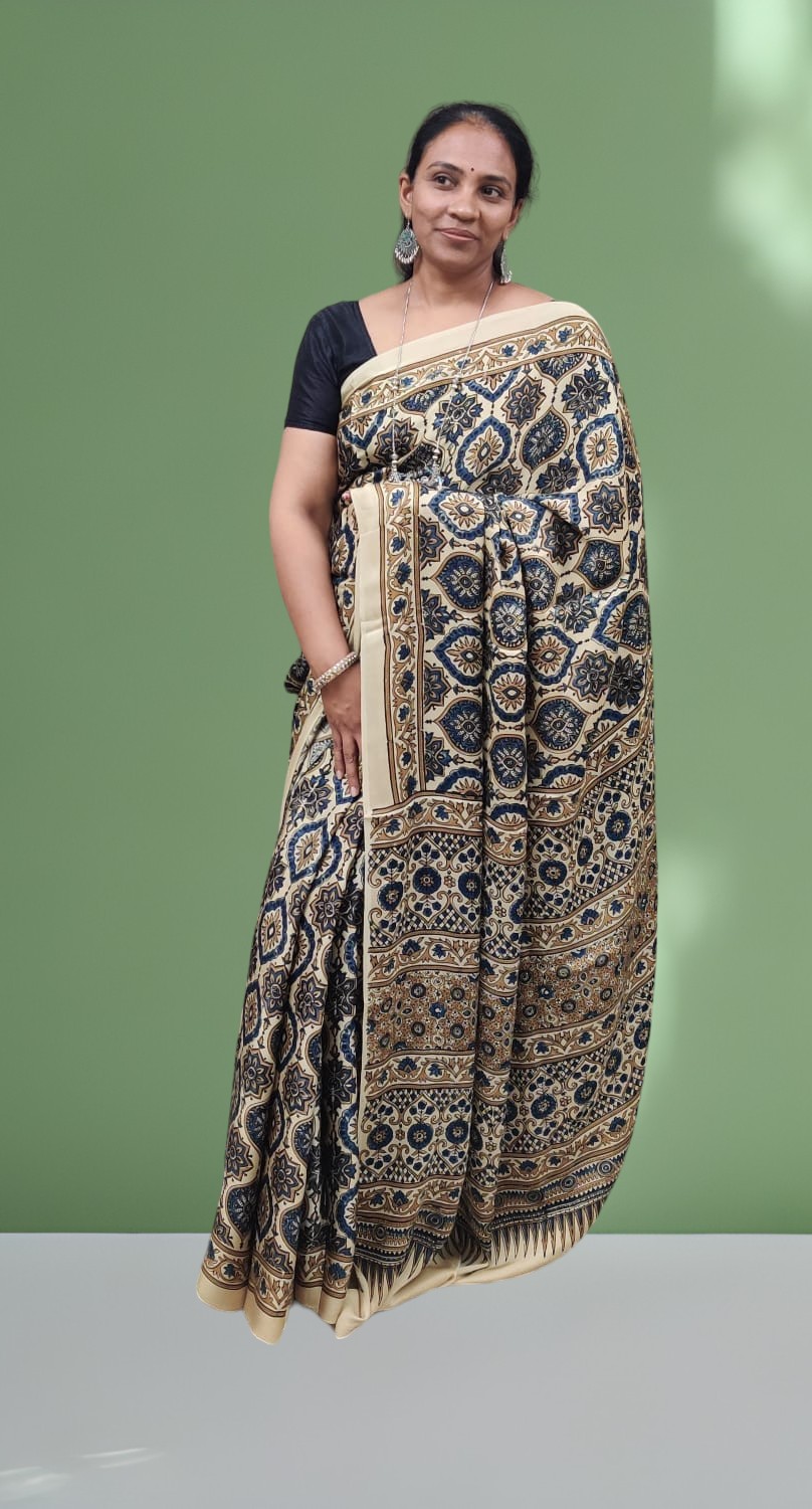 Ajrakh Handblock Printed modal silk saree