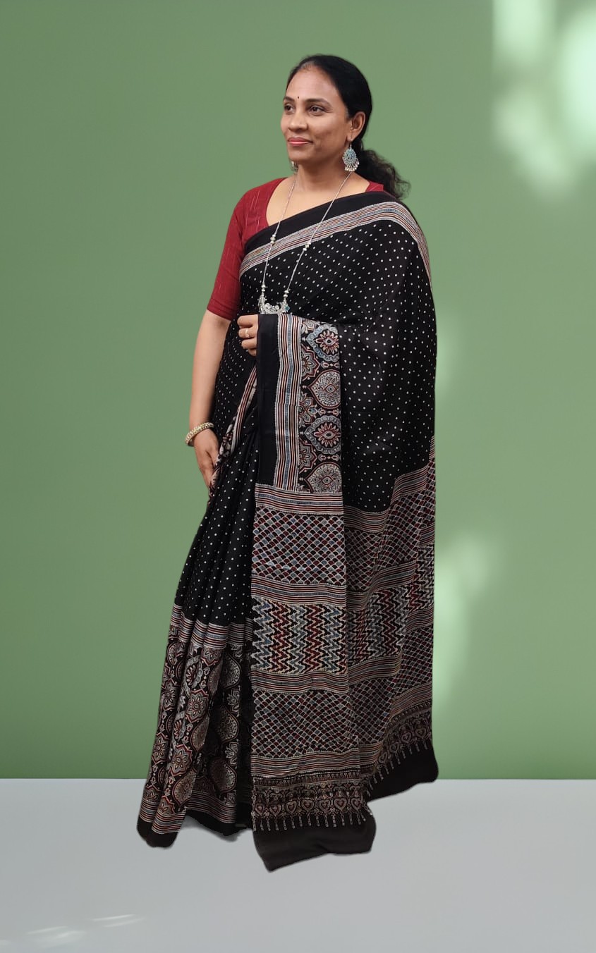 Ajrakh Handblock Printed modal silk saree