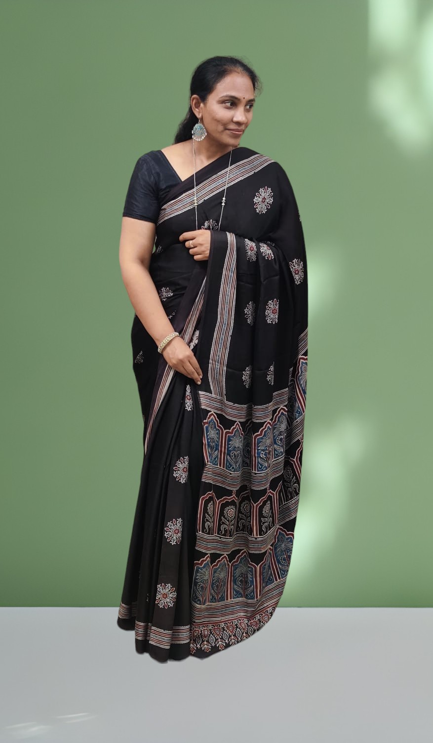 Ajrakh Handblock Printed modal silk saree
