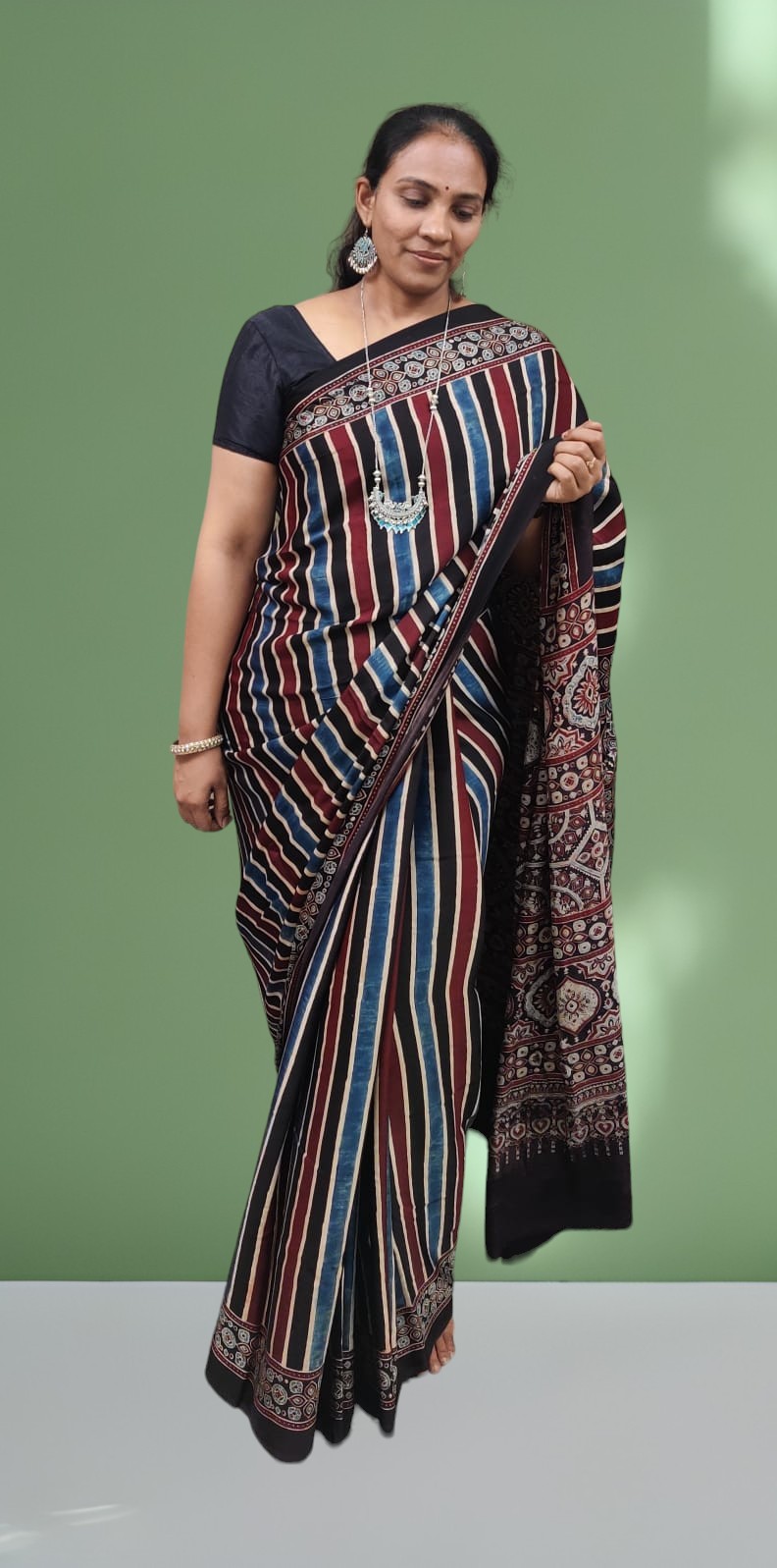 Ajrakh Handblock Printed Modal Silk Saree