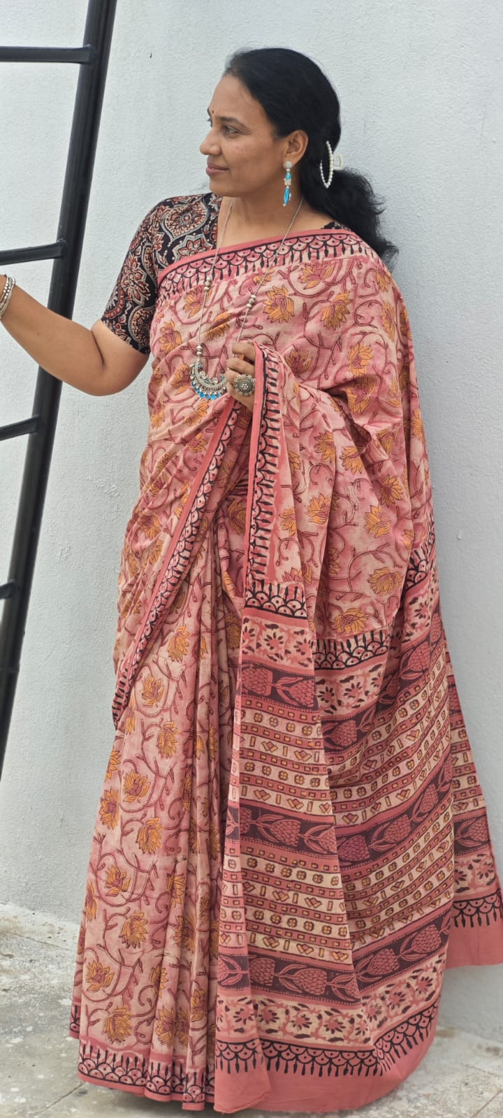 Hand Block Print Vanaspati Ajrakh Mul Cotton Saree