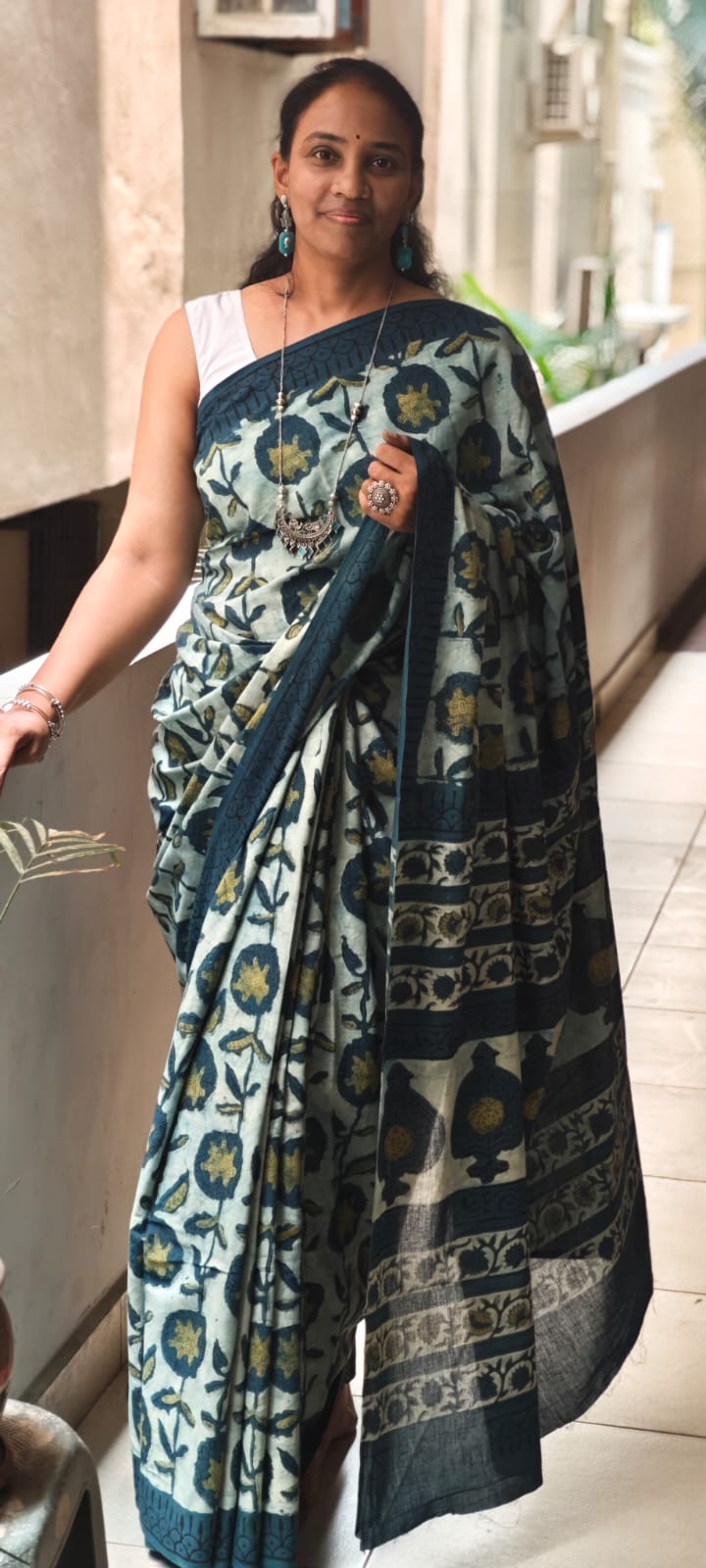 Hand Block Print Vanaspati Ajrakh Mul Cotton Saree