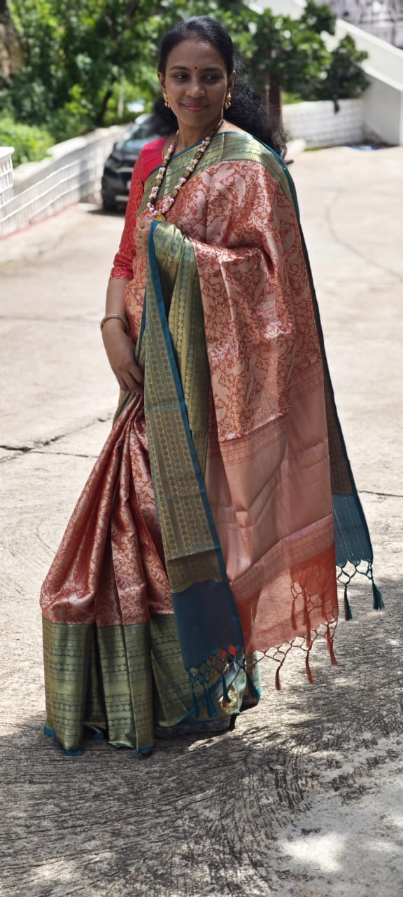 Orange Semi - Kanchipuram Silk Saree with Nature Inspired Bird Motifs