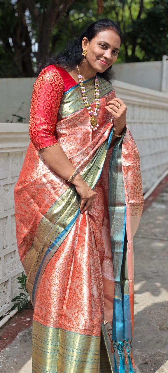 Orange Semi - Kanchipuram Silk Saree with Nature Inspired Bird Motifs