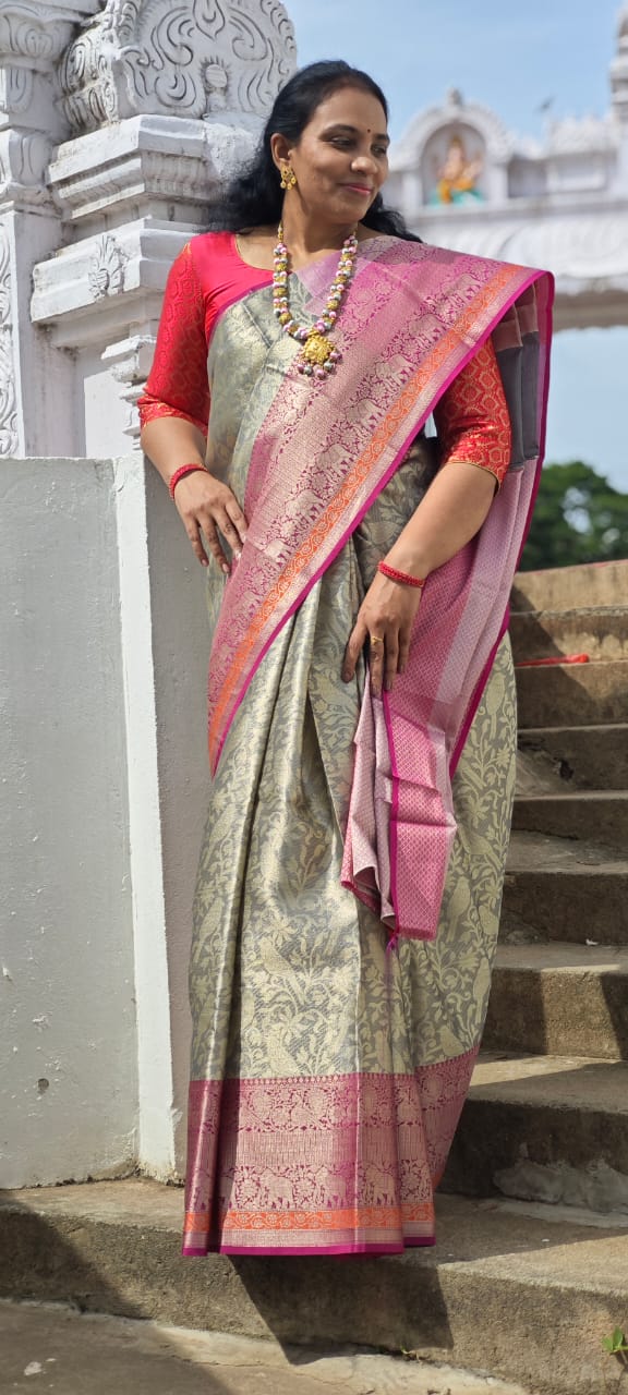 Grey Semi-Kanchipuram Silk Saree