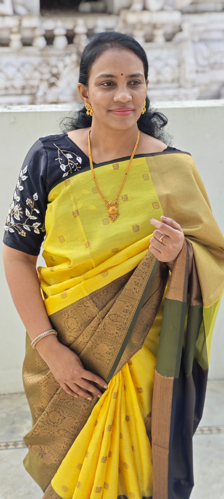 Yellow and Black Semi- Kanchipuram silk saree