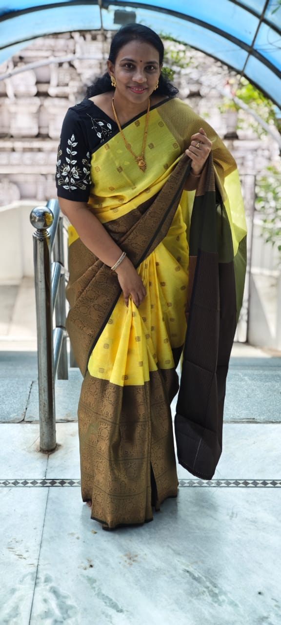 Yellow and Black Semi- Kanchipuram silk saree