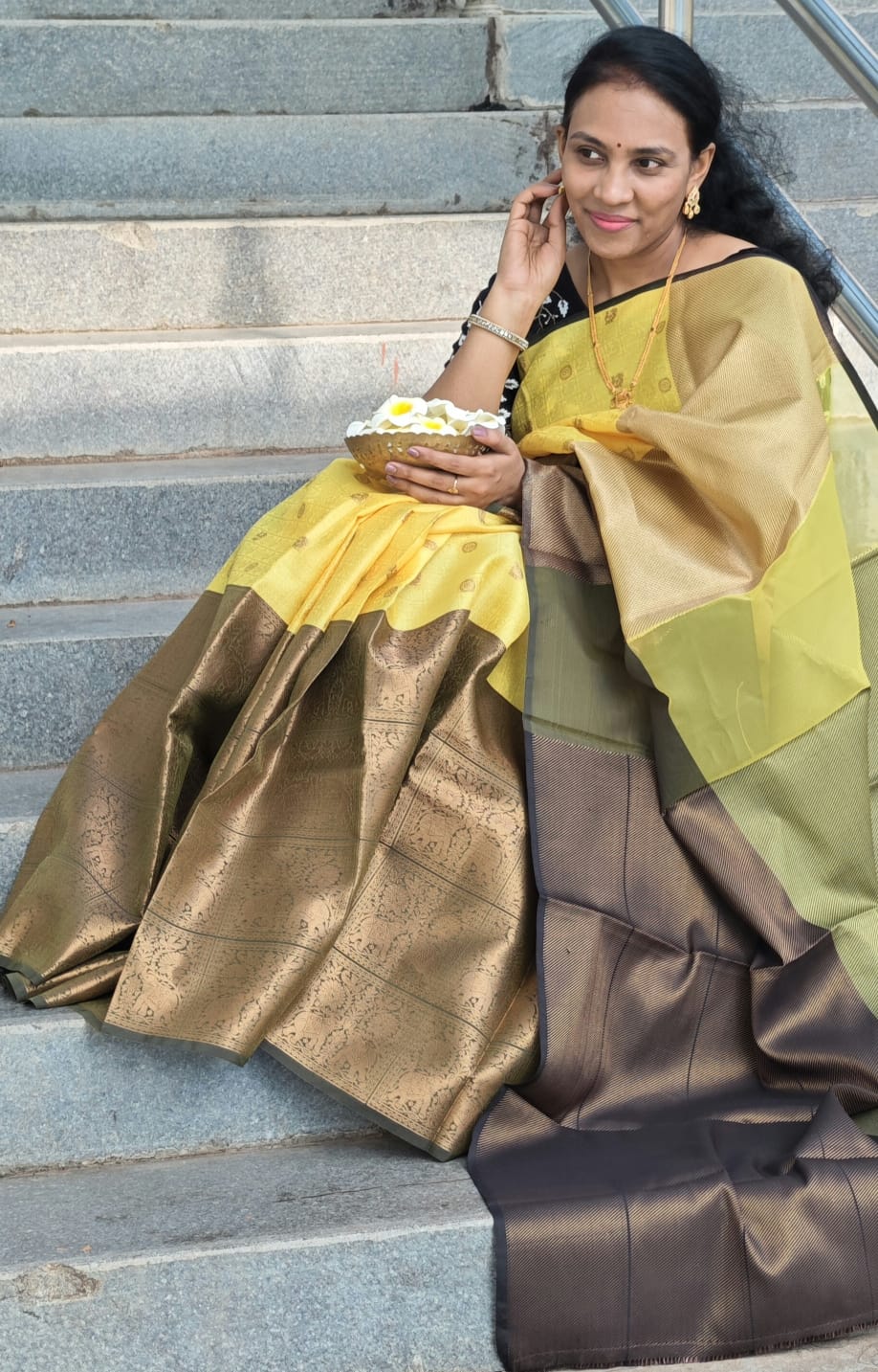 Yellow and Black Semi- Kanchipuram silk saree