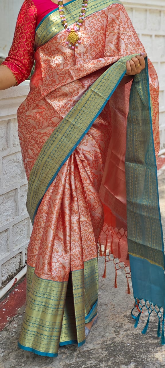Orange Semi - Kanchipuram Silk Saree with Nature Inspired Bird Motifs