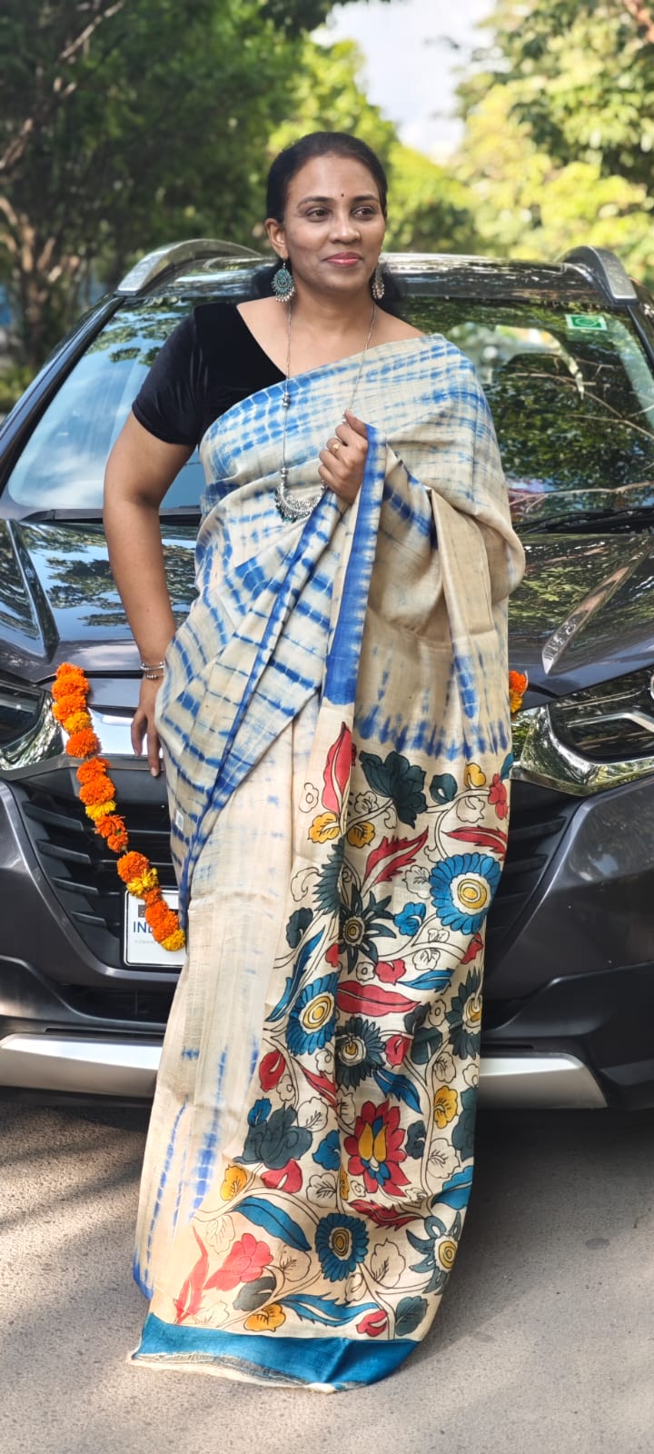 Hand Block Shibori Print Tussar Silk Saree