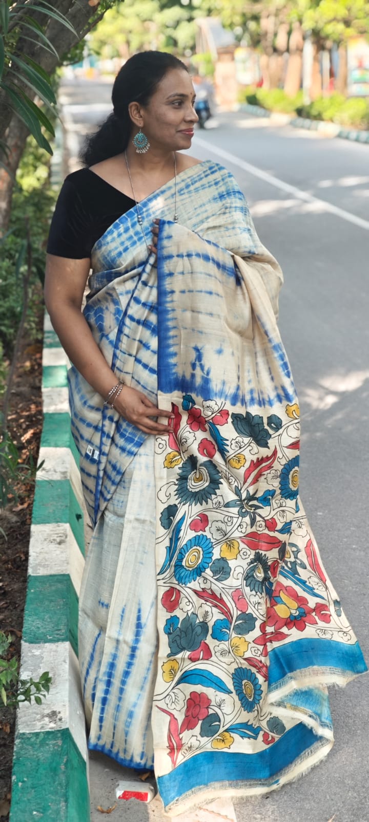 Hand Block Shibori Print Tussar Silk Saree