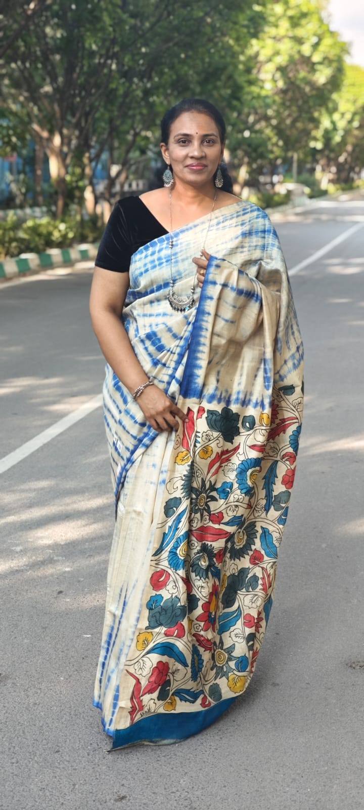 Hand Block Shibori Print Tussar Silk Saree