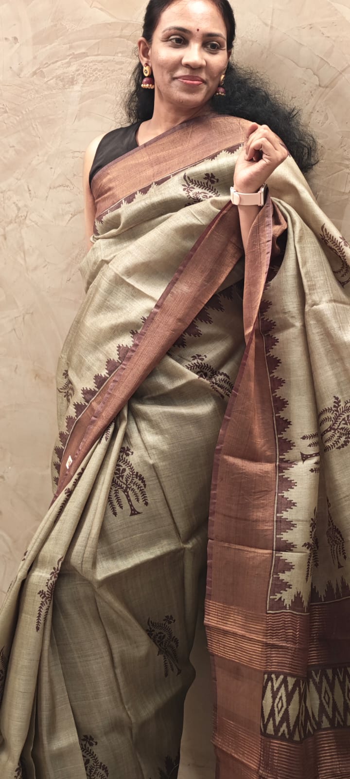 Hand Block Print Tussar Silk Saree