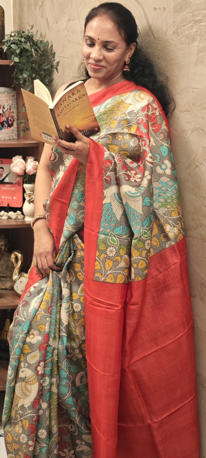 Hand Block Print Kalamkari Tussar Silk Saree