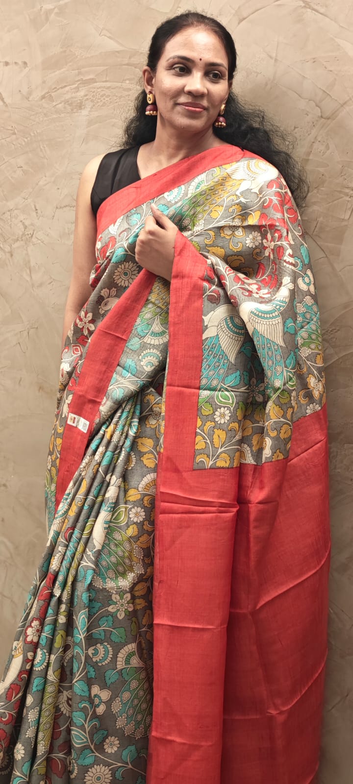 Hand Block Print Kalamkari Tussar Silk Saree