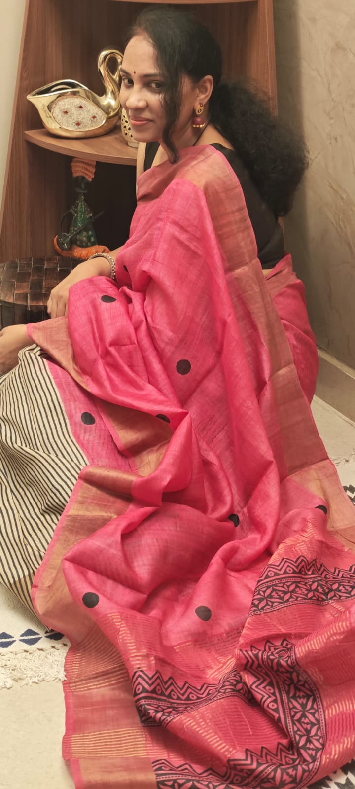 Hand Block Print Tussar Silk Saree