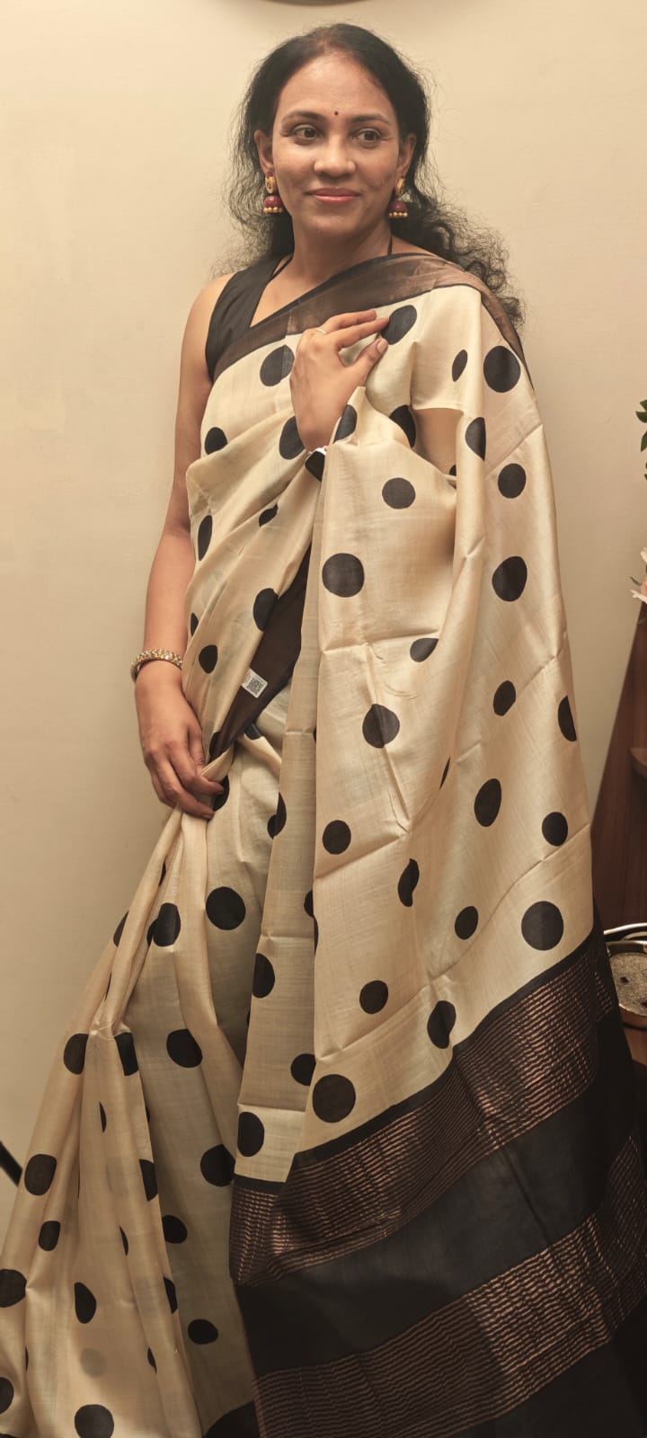 Hand Block Polka dot Print Tussar Silk Saree