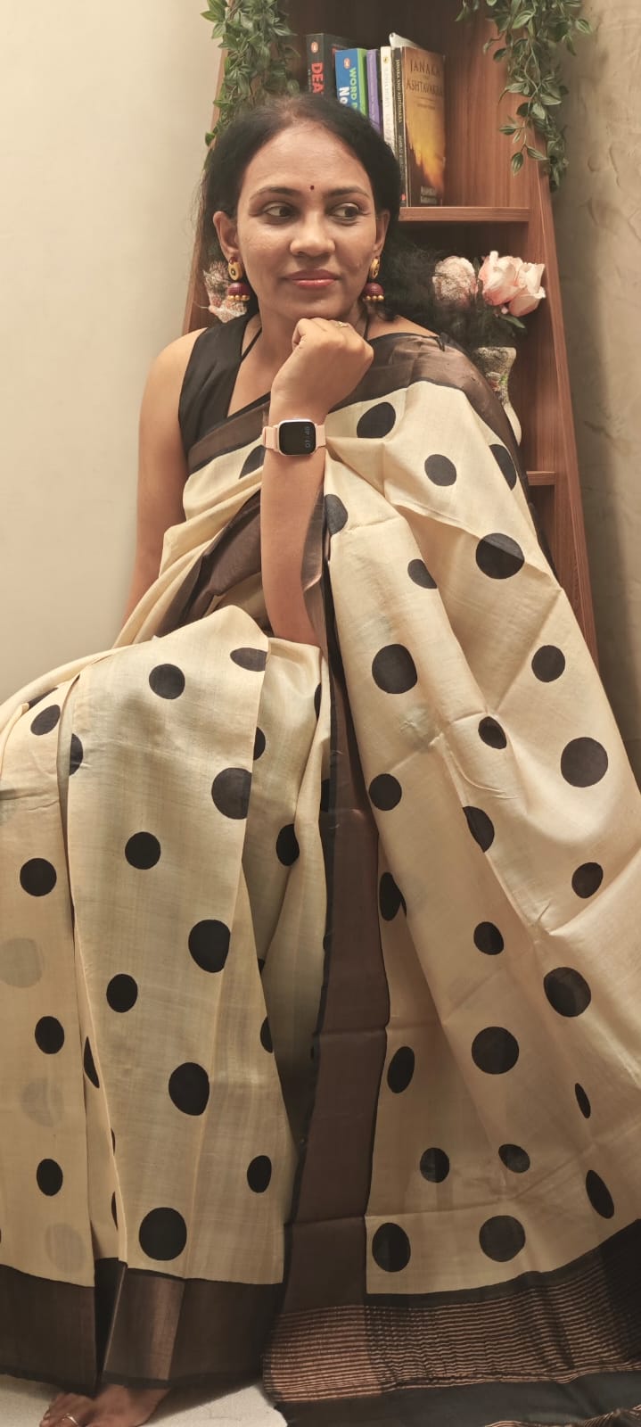 Hand Block Polka dot Print Tussar Silk Saree