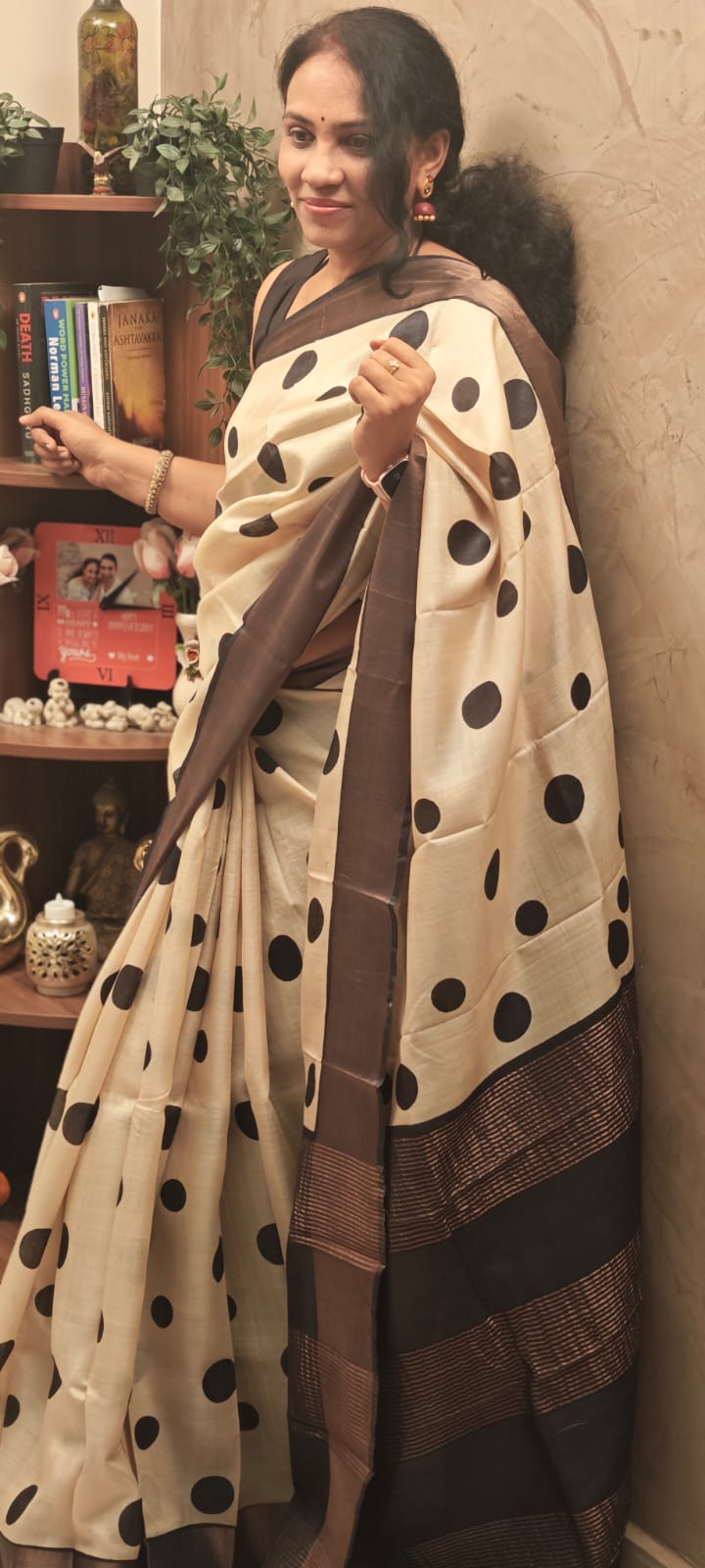 Hand Block Polka dot Print Tussar Silk Saree