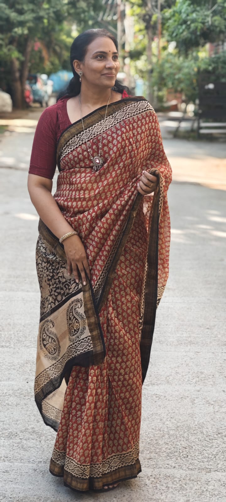 Hand Block Printed Maheshwari silk cotton saree