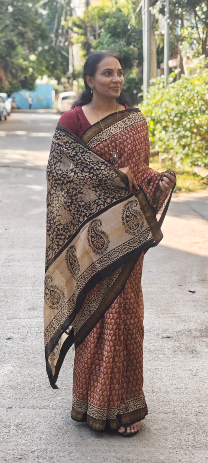 Hand Block Printed Maheshwari silk cotton saree