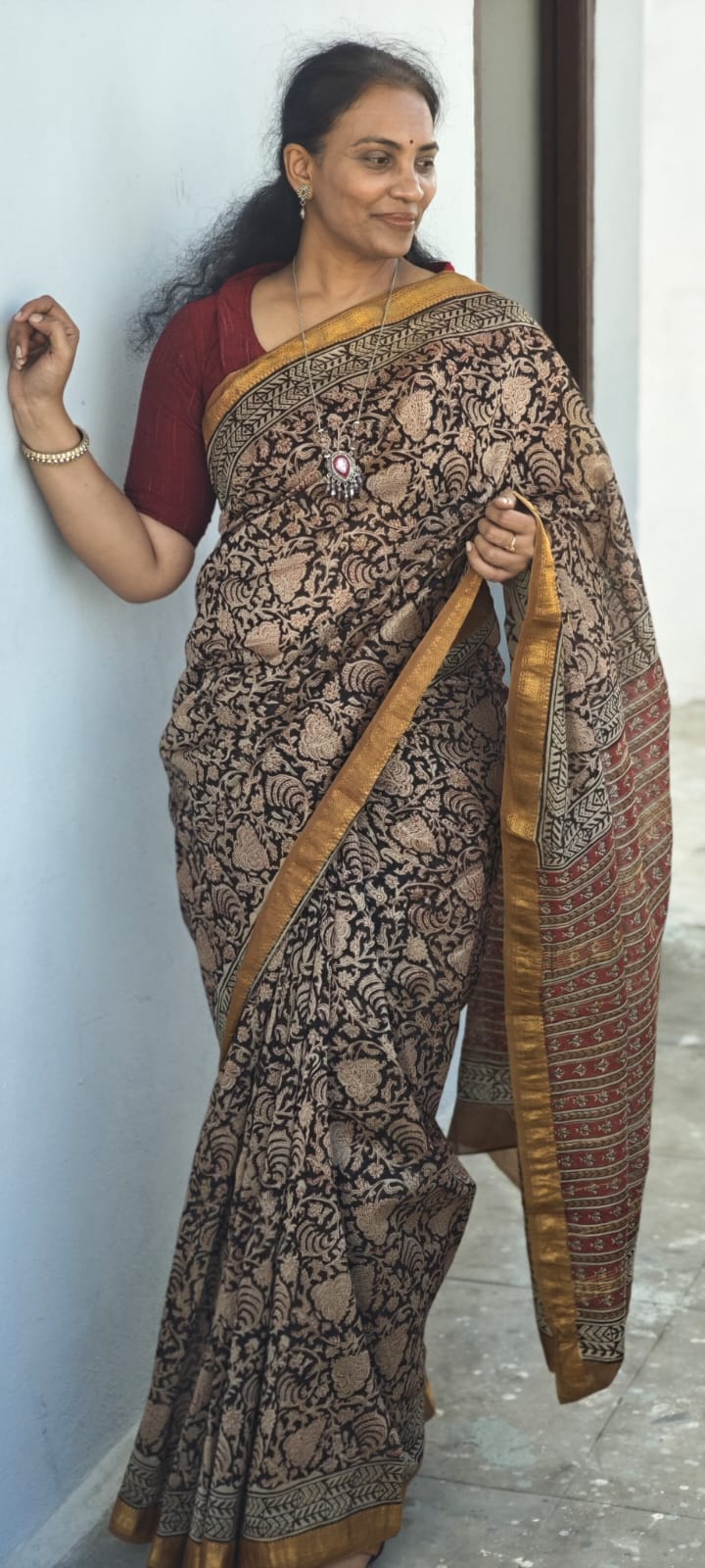 Hand Block Printed Maheshwari silk cotton saree