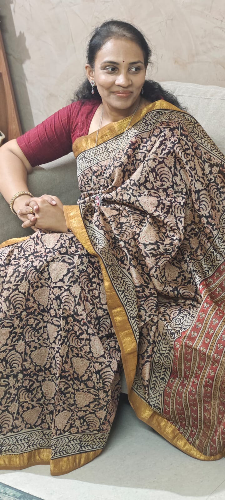 Hand Block Printed Maheshwari silk cotton saree