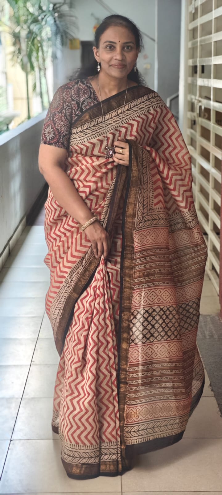 Hand Block Printed Maheshwari silk cotton saree