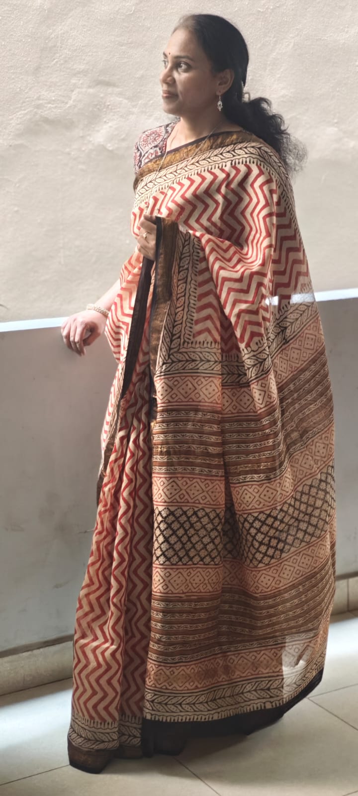 Hand Block Printed Maheshwari silk cotton saree