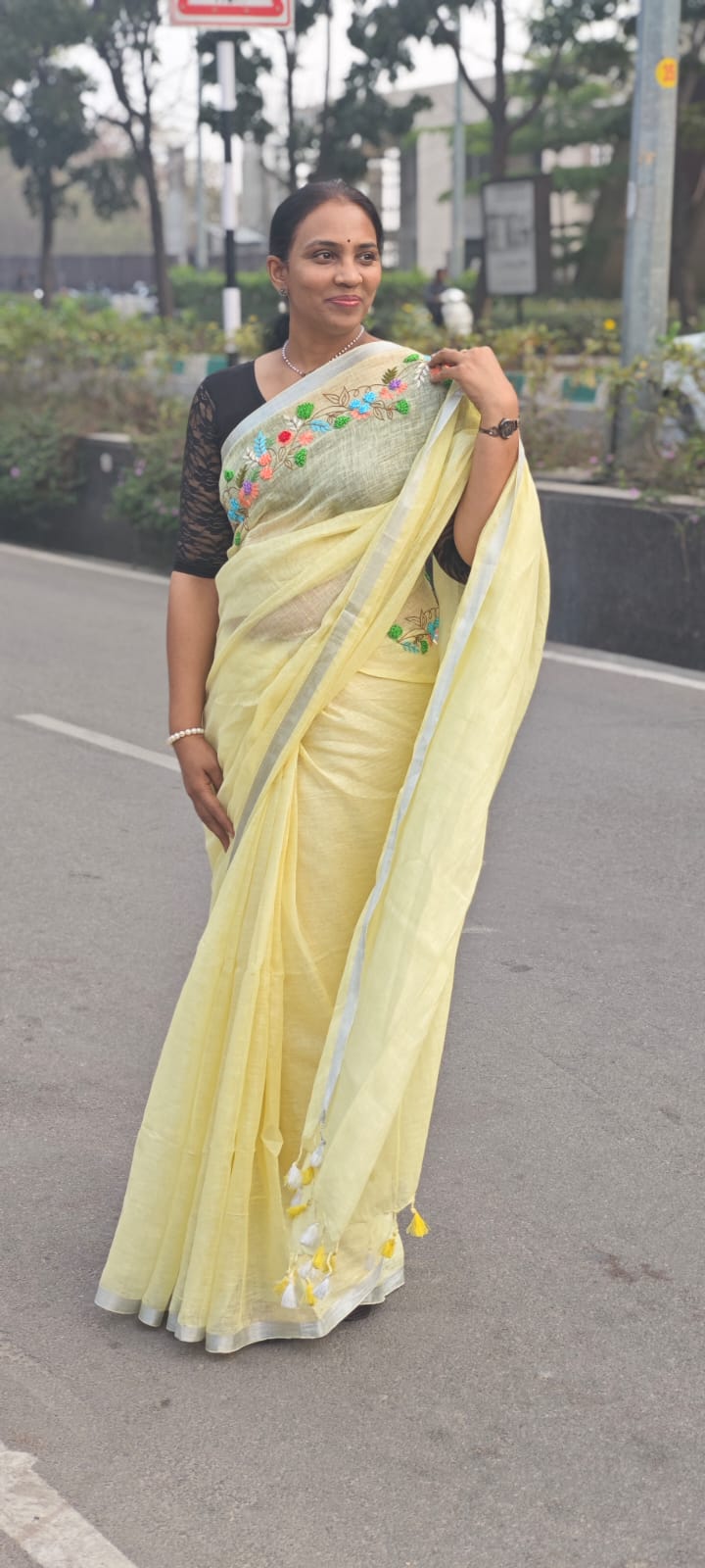 Linen embroidery saree