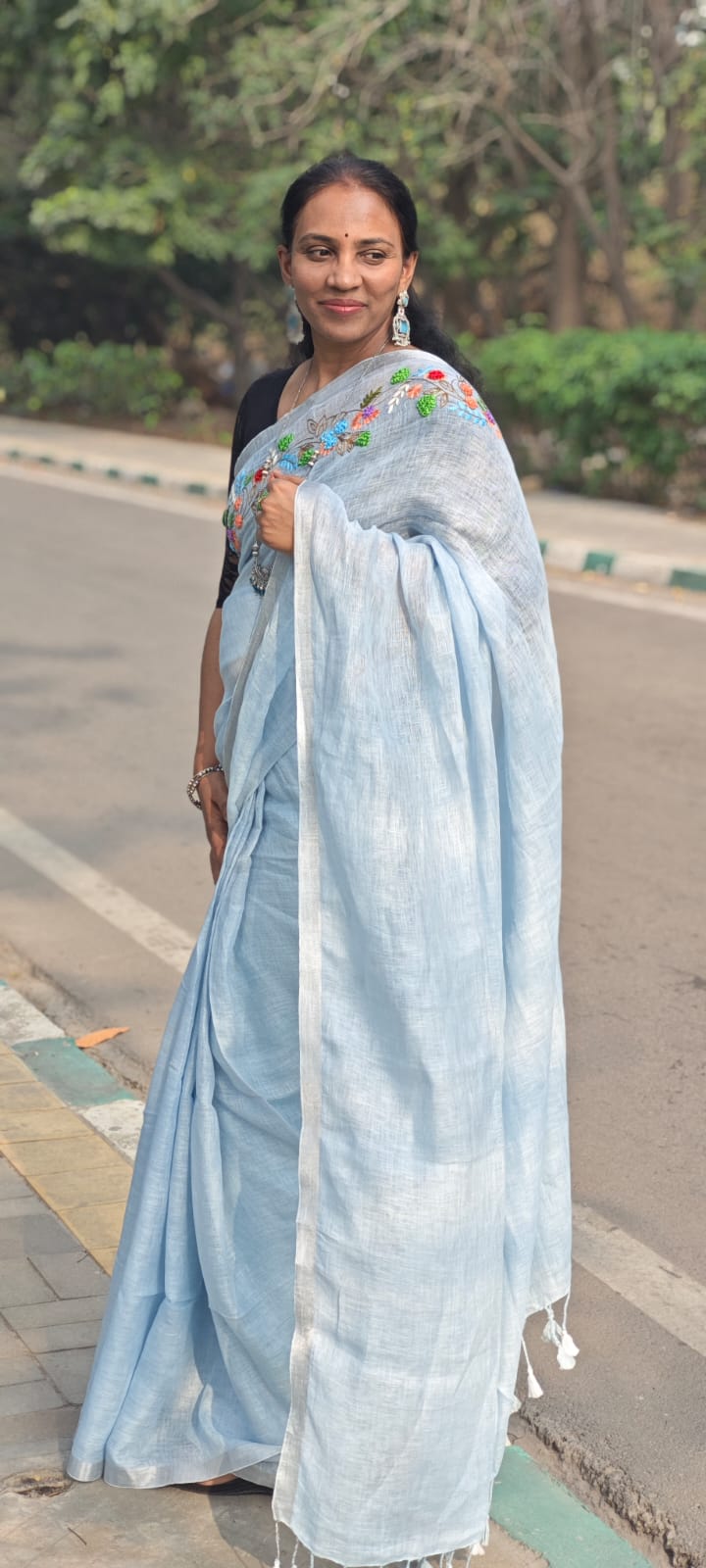 Linen embroidery saree