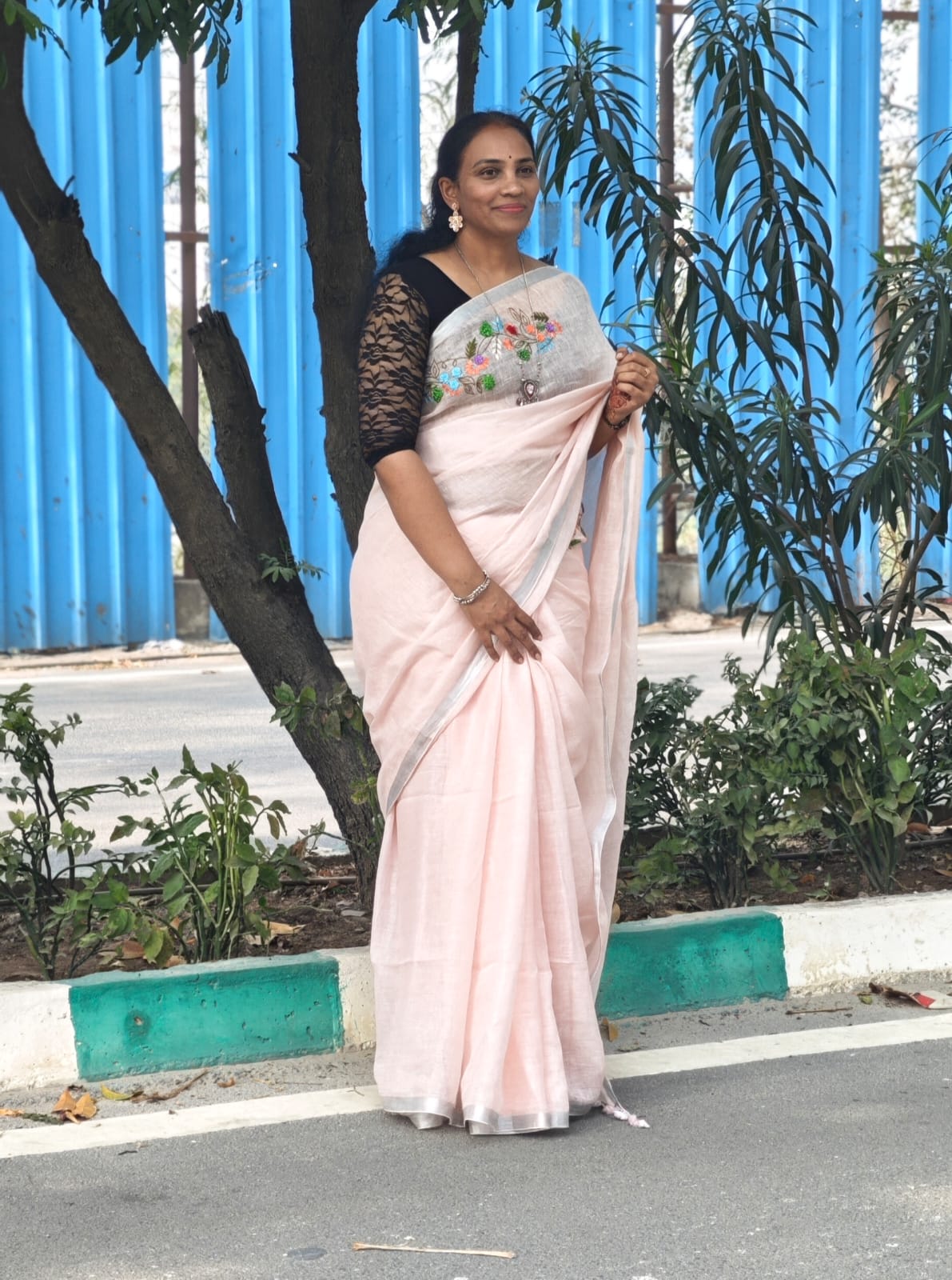 Linen embroidery saree