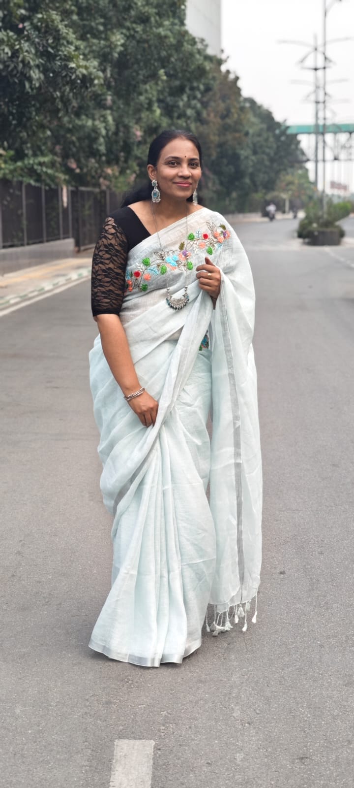 Linen embroidery saree