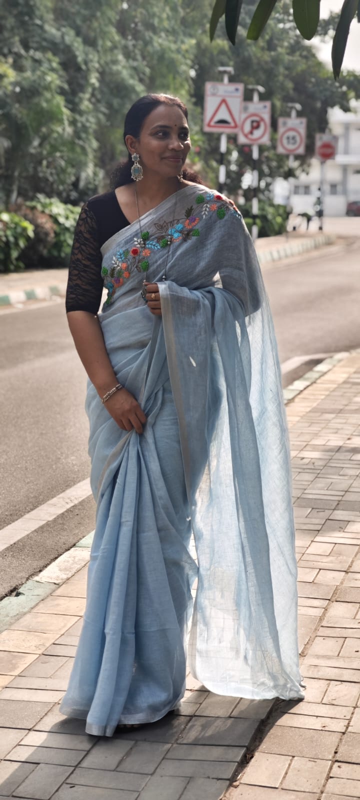 Linen embroidery saree